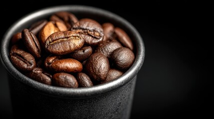 Close up of roasted coffee beans inside a black cup