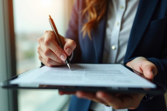A modern businesswoman confidently signs a digital contract on a tablet in close-up shot, demonstrating the evolution of business transactions.