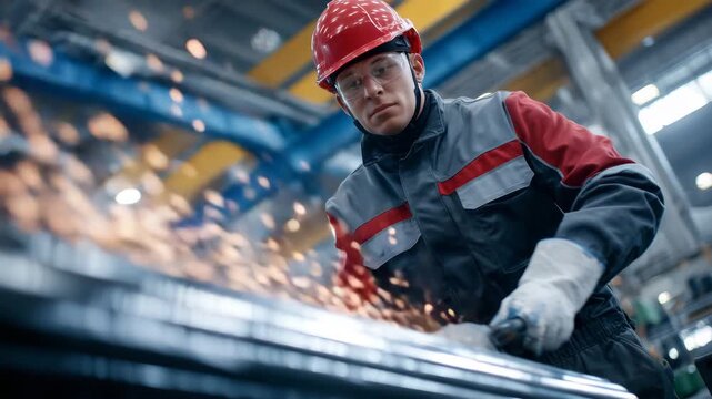 151Industrial cleaning team using specialized tools on red-hot metal rollers, sparks scattered in controlled environment, emphasizing rigorous safety measures