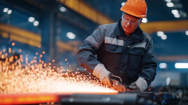 150Industrial cleaning team using specialized tools on red-hot metal rollers, sparks scattered in controlled environment, emphasizing rigorous safety measures