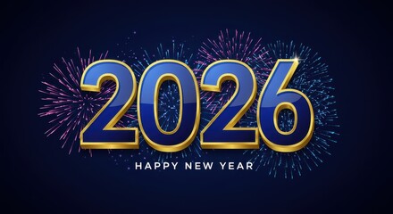 2026 Happy New Year Celebration with Fireworks on Dark Background
