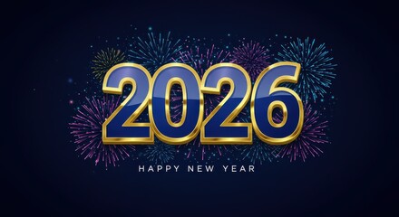 2026 Happy New Year Celebration with Fireworks on Dark Background