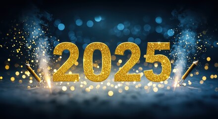 Golden glitter 2025 with confetti on dark background