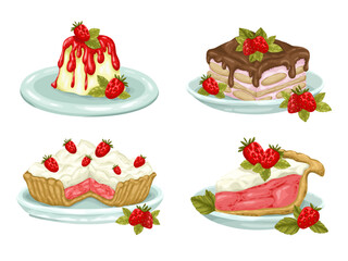 A hand-drawn vector collection of delicious Italian desserts on plates. Features panna cotta, tiramisu, and strawberry pies. Perfect for menus and recipe cards.