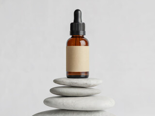 Essential Oil Bottle on Stacked Stones Wellness and Skincare Concept