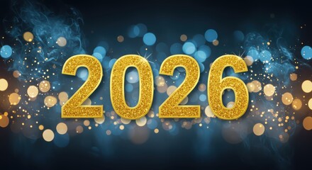 golden glittery 2026 text on a dark blue background with bokeh light effects
