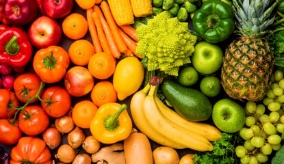 Colorful Array of Fresh Produce A Vibrant Still Life Featuring a Variety of Fruits and Vegetables