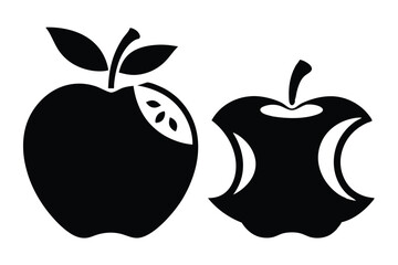Black apple with missing bite alongside a consumed core in a simple art