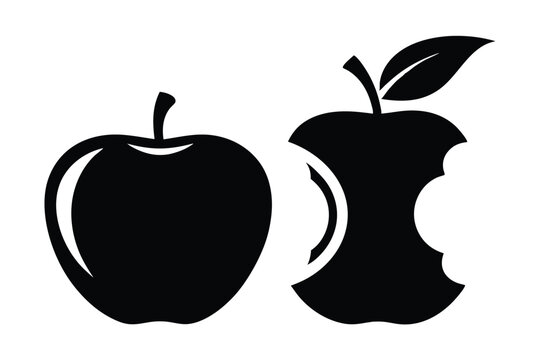 A whole apple sits near a bitten apple core with a leaf