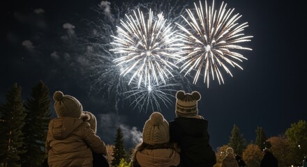 Family or People Watching Spectacular White Fireworks Display at Night with Child on Shoulders