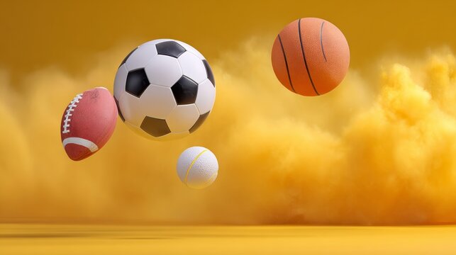A collection of various sports balls including a soccer ball, basketball, football, and tennis ball, floating in a vibrant yellow background with a smoky effect
