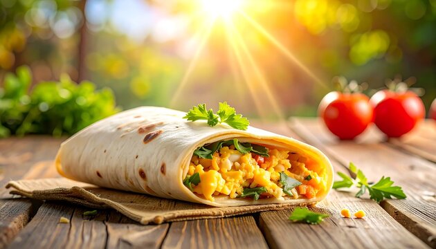 Savory breakfast wrap on a rustic wooden surface, bathed in sunlight