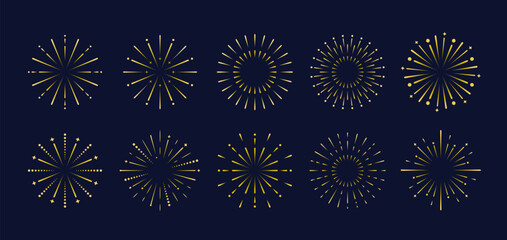Golden Fireworks explodes icons. Fireworks icons isolated on dark background. Vector illustration
