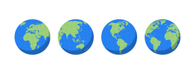 Europe, Africa, Asia, America globe maps. World globe icons isolated on white background. Vector illustration.