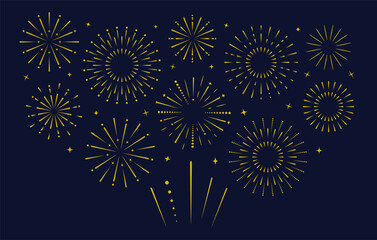 Golden Fireworks explode. Fireworks banner, poster design. Independence, celebration, anniversary, birthday, new year banner. Vector illustration