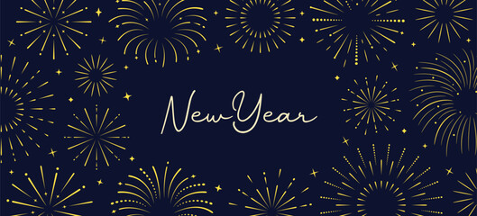 New Year banner, poster template with fireworks explosions. Fireworks banner, poster, flyer, invitation template. Vector illustration