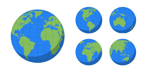 World globe maps set. Earth globe icons isolated on white background. Vector illustration.