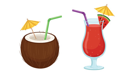 Tropical fruit drinks in a coconut and glass with umbrellas