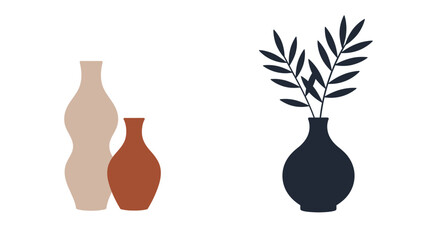 Minimalist illustration of vases with botanical elements in muted color palette
