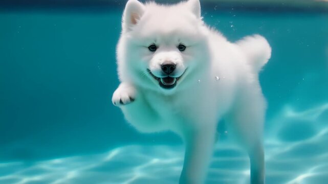 White fluffy dog swimming underwater