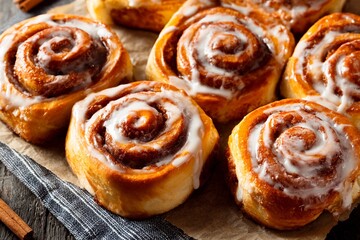 Freshly baked cinnamon rolls with creamy icing are arranged on a piece of parchment paper. Perfect...