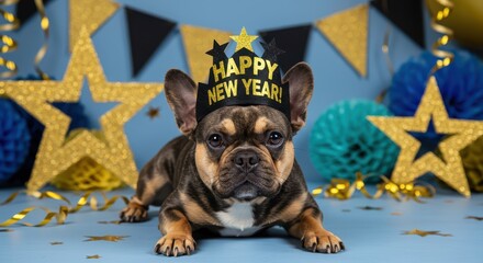 Adorable Black French Bulldog Dog Wearing Happy New Year Hat Lying Down on Festive Blue Background with Gold Stars and Decorations