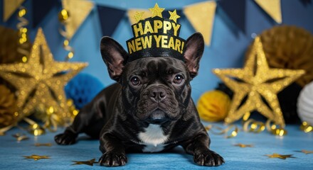 Adorable Black French Bulldog Dog Wearing Happy New Year Hat Lying Down on Festive Blue Background with Gold Stars and Decorations