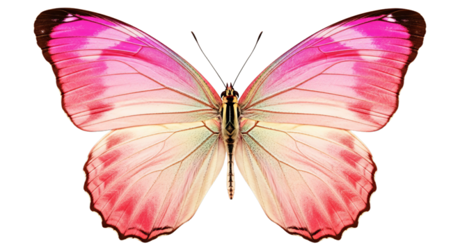 A beautiful pink and white butterfly with delicate patterned wings is displayed showing its intricate details and elegant symmetry in nature's art