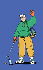 Person cleans litter with grabber waving wearing green hoodie tan pants white sneakers collecting cans in net