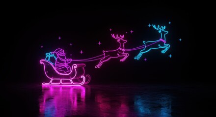 Santa’s sleigh outlined in neon light, pulled by glowing reindeer flying across a starry sky