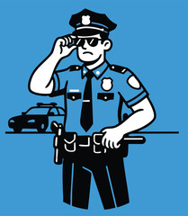 Policeman with sunglasses stands in front of police car holding baton