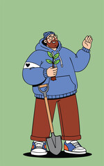 Man with sprout and shovel on green background