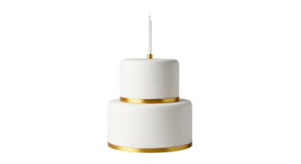 A beautifully decorated two tier white cake with golden ribbon accents and a single unlit candle on top