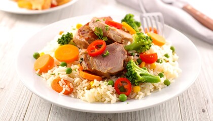Savory pork tenderloin with rice and colorful, mixed vegetables
