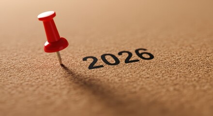 Red pin marks year 2026 on brown paper, year 2026, 2026, brown paper, paper background, calendar, date, new year, future