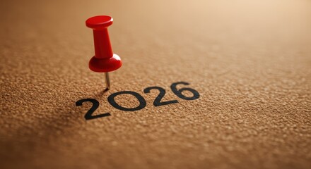 Red pin marks year 2026 on brown paper, year 2026, 2026, brown paper, paper background, calendar, date, new year, future
