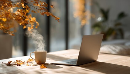 Cozy autumn scene with steaming coffee and laptop on wooden desk, bathed in warm sunlight, perfect for work-from-home inspiration