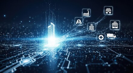 Futuristic technology network connecting digital icons abstract concepts of innovation and global connectivity