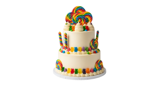 Delightful two-tier celebration cake, beautifully decorated with an abundance of colorful lollipops, gummy candies, and vibrant sprinkles, ideal for joyful parties and festive occasions