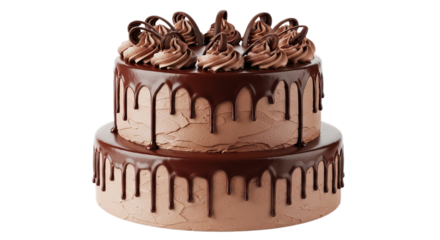 A delicious two-tier chocolate cake covered in smooth frosting and rich dark chocolate ganache drips topped with chocolate swirls for a sweet celebration