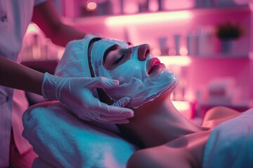 Obraz premium Spa Facial Treatment Close-Up: Applying Organic Face Mask for Skincare, Wellness, and Rejuvenation