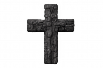 Black burnt wooden cross symbolizing loss, destruction, and enduring faith, on transparent background