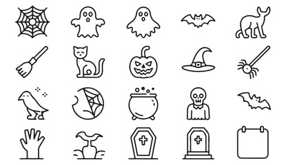 Simple Halloween outline vector pack featuring spooky ghosts, pumpkins, and bats for digital art