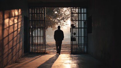 Man walks towards bright freedom through open prison gates bathed in golden sunrise light, symbolizing hope and new beginnings