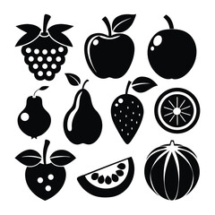 Black fruit silhouettes of an apple, orange, strawberry, blackberry, watermelon and pears are arranged nicely