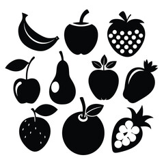 Silhouette fruits, including banana, apples, cherries, pears and strawberries, offer a black pattern