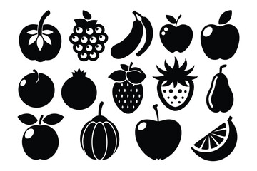Various fruit icons are presented in a simple black and white arrangement