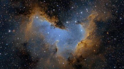 Fototapeta premium Stunning cosmic nebula with vibrant blue and golden dust clouds, a celestial spectacle in deep space, featuring countless stars
