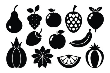 Black silhouettes of various fresh fruits are arranged uniformly across a plain white backdrop