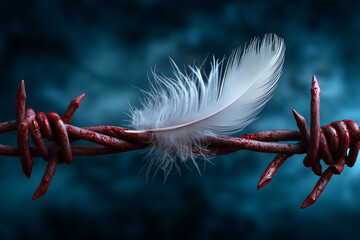 barbed wire with white feather